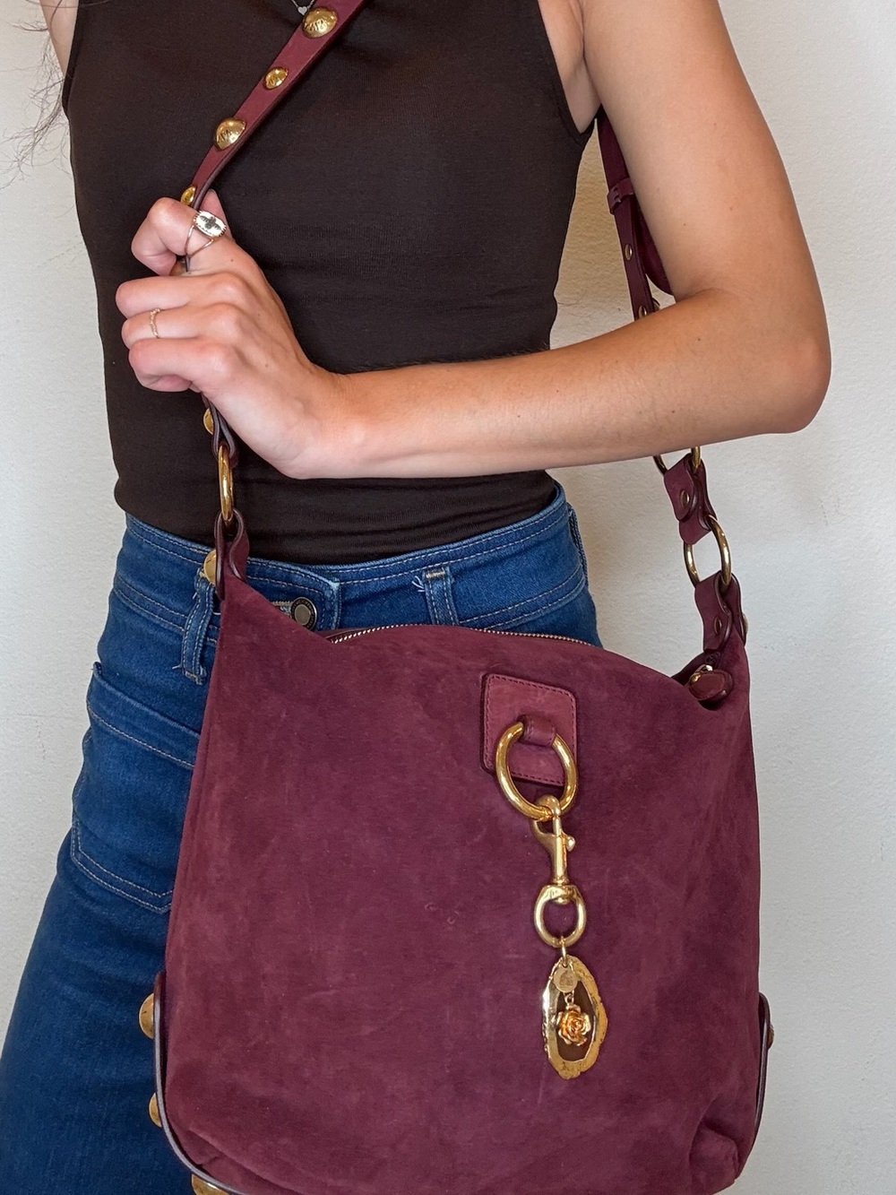 Lanvin Burgundy Suede Crossbody with Gold Hardware